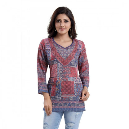 Quarter Sleeve Faux Crepe Printed Short Kurti Tunic Top (Color:Multicolor)