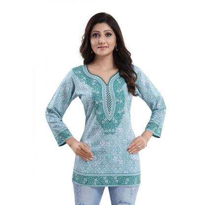 Quarter Sleeve Faux Crepe Printed Short Kurti Tunic Top (Color:Blue)