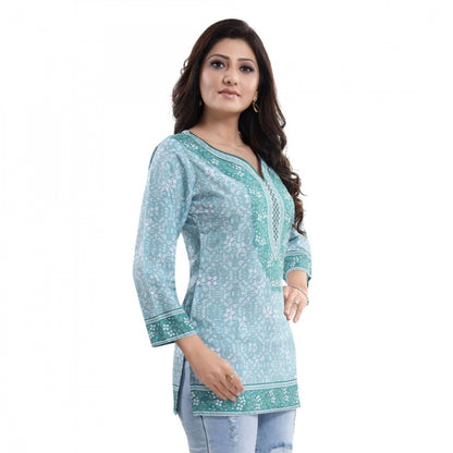 Quarter Sleeve Faux Crepe Printed Short Kurti Tunic Top (Color:Blue)