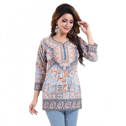 Quarter Sleeve Faux Crepe Printed Short Kurti Tunic Top (Color:Blue)