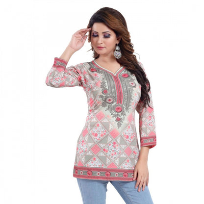 Quarter Sleeve Faux Crepe Printed Short Kurti Tunic Top (Color:Pink)