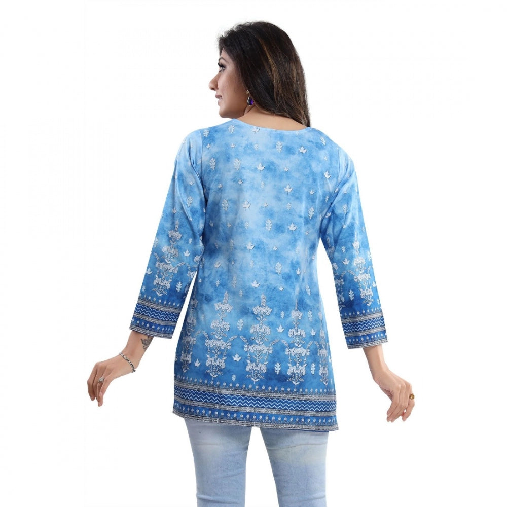 Quarter Sleeve Faux Crepe Printed Short Kurti Tunic Top (Color:Sky Blue)