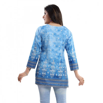 Quarter Sleeve Faux Crepe Printed Short Kurti Tunic Top (Color:Sky Blue)