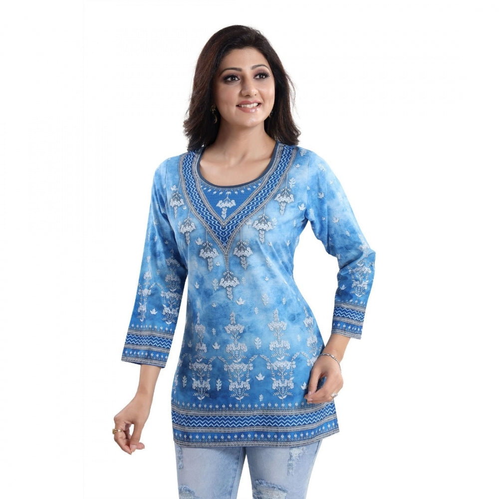 Quarter Sleeve Faux Crepe Printed Short Kurti Tunic Top (Color:Sky Blue)