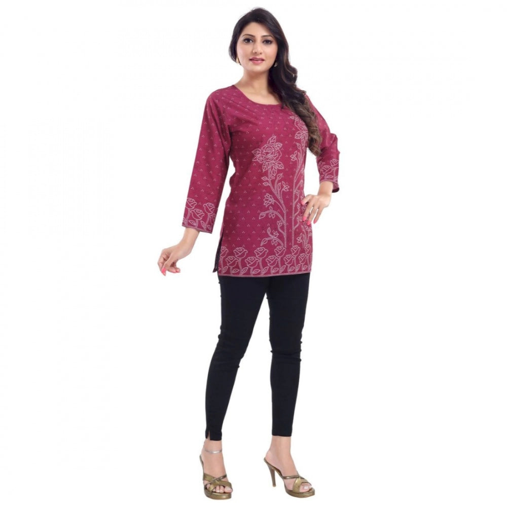 Quarter Sleeve Faux Crepe Printed Short Kurti Tunic Top (Color:Magenta)