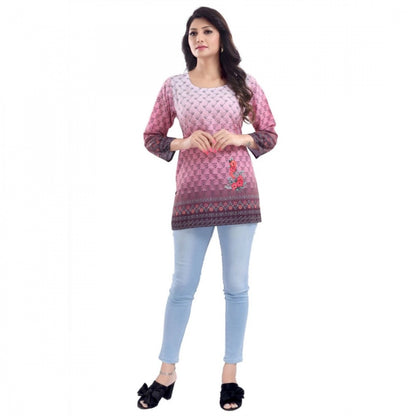 Quarter Sleeve Faux Crepe Printed Short Kurti Tunic Top (Color:Pink)