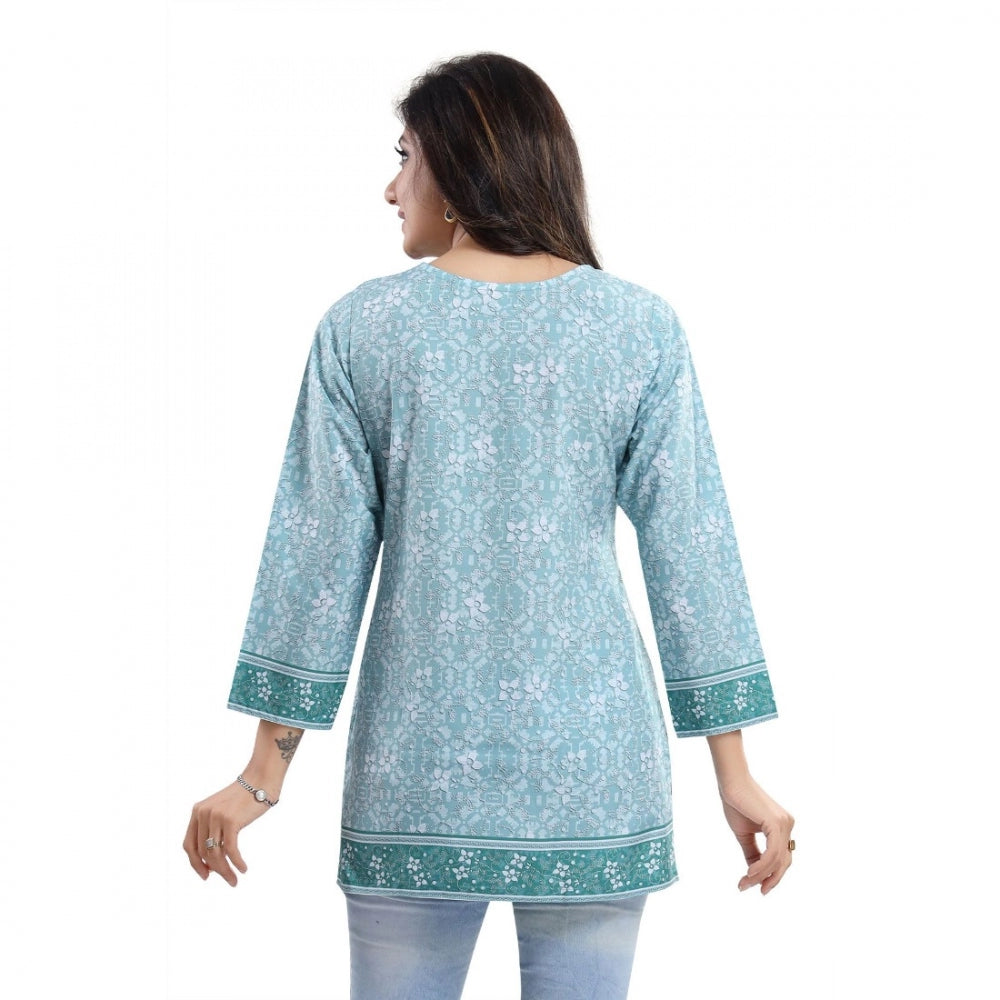 Quarter Sleeve Faux Crepe Printed Short Kurti Tunic Top (Color:Blue)