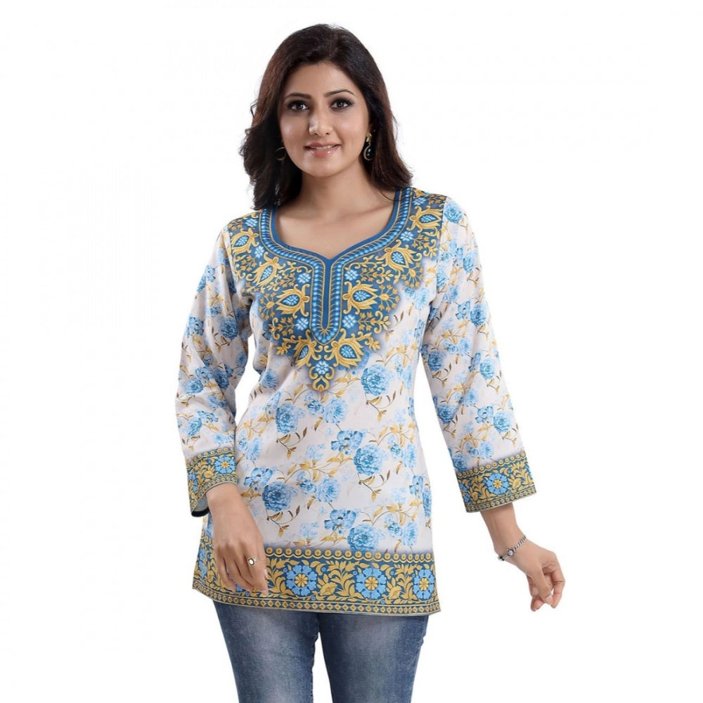 Quarter Sleeve Faux Crepe Printed Short Kurti Tunic Top (Color:White)