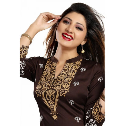 Quarter Sleeve Faux Crepe Printed Short Kurti Tunic Top (Color:Brown)