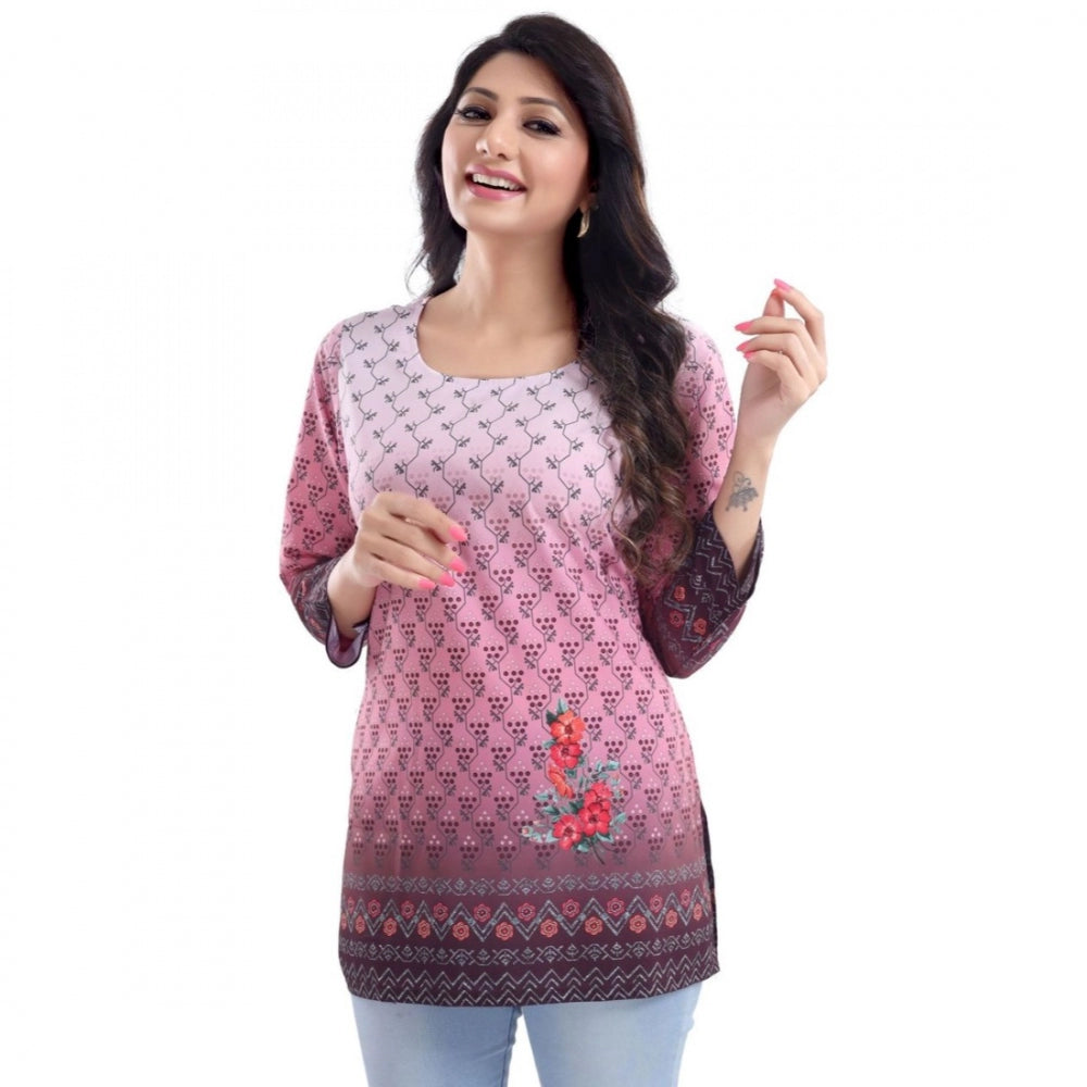 Quarter Sleeve Faux Crepe Printed Short Kurti Tunic Top (Color:Pink)