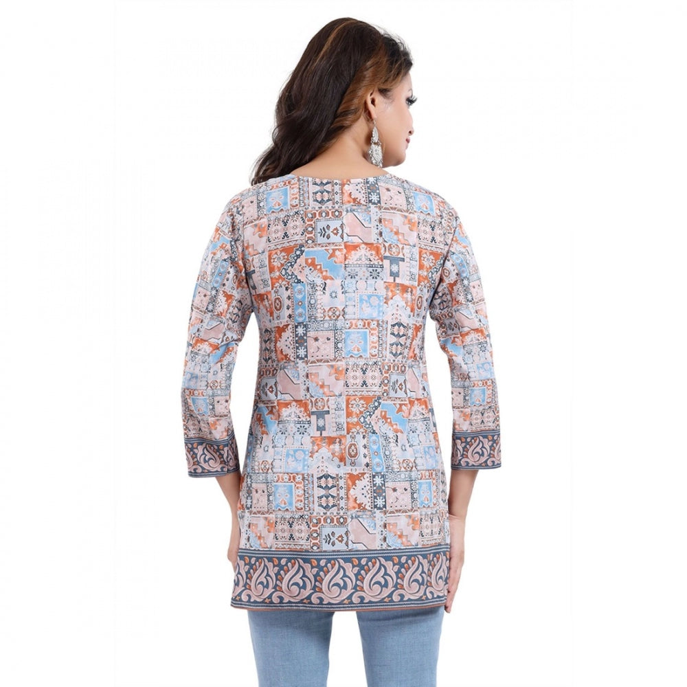 Quarter Sleeve Faux Crepe Printed Short Kurti Tunic Top (Color:Blue)