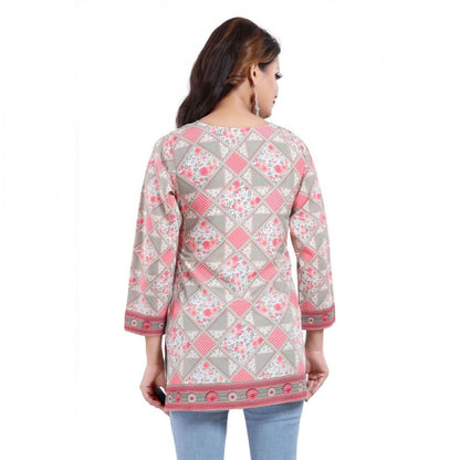 Quarter Sleeve Faux Crepe Printed Short Kurti Tunic Top (Color:Pink)