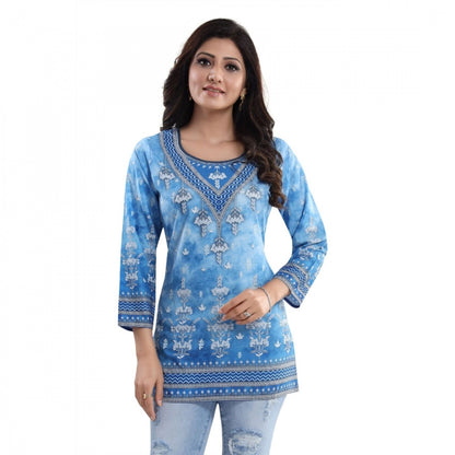 Quarter Sleeve Faux Crepe Printed Short Kurti Tunic Top (Color:Sky Blue)