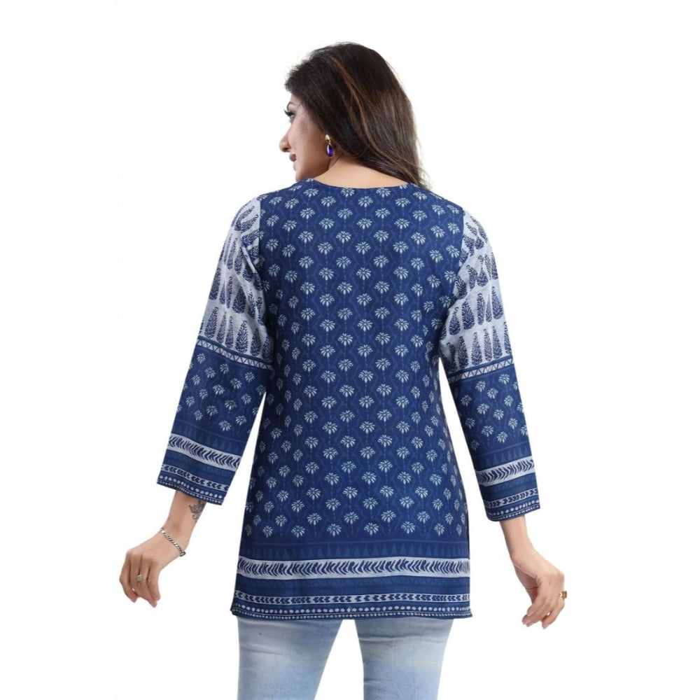 Quarter Sleeve Faux Crepe Printed Short Kurti Tunic Top (Color:Blue)