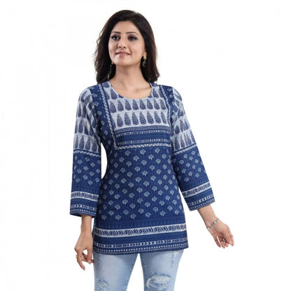 Quarter Sleeve Faux Crepe Printed Short Kurti Tunic Top (Color:Blue)