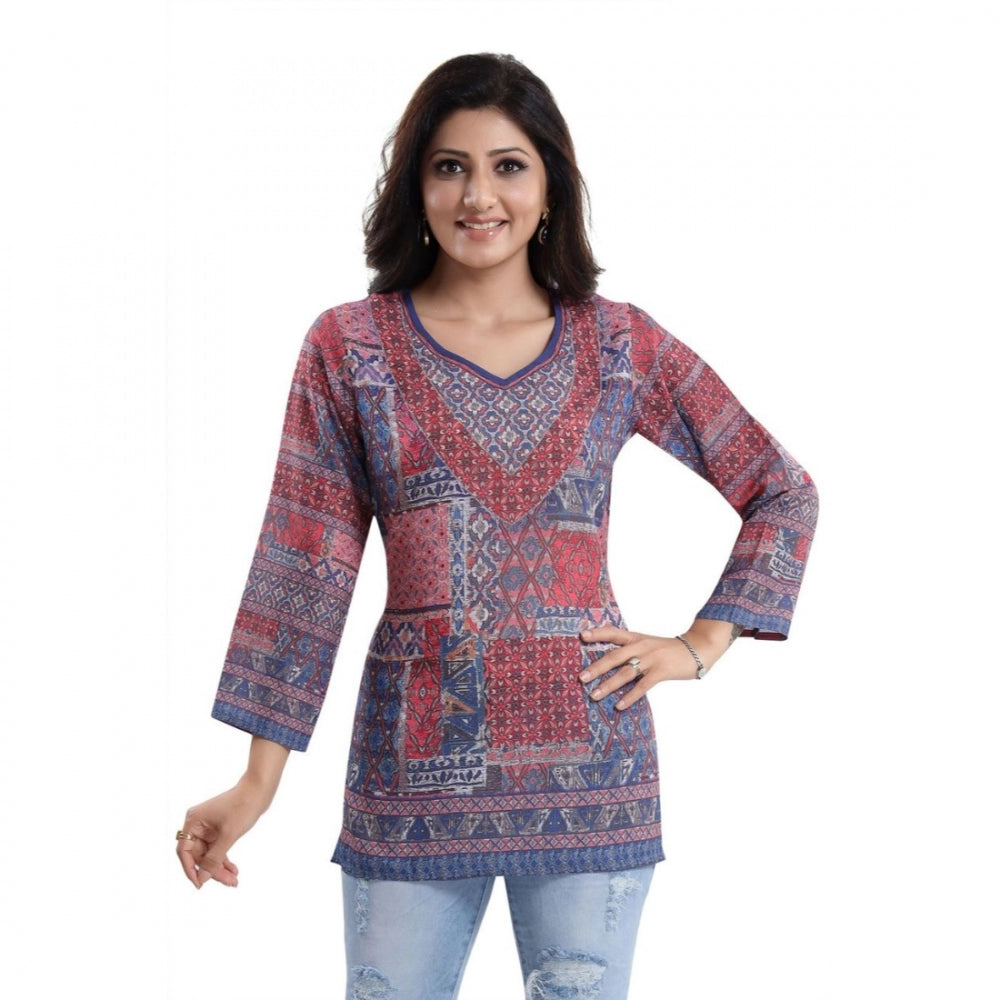 Quarter Sleeve Faux Crepe Printed Short Kurti Tunic Top (Color:Multicolor)