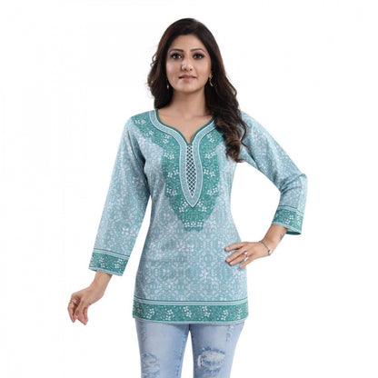 Quarter Sleeve Faux Crepe Printed Short Kurti Tunic Top (Color:Blue)