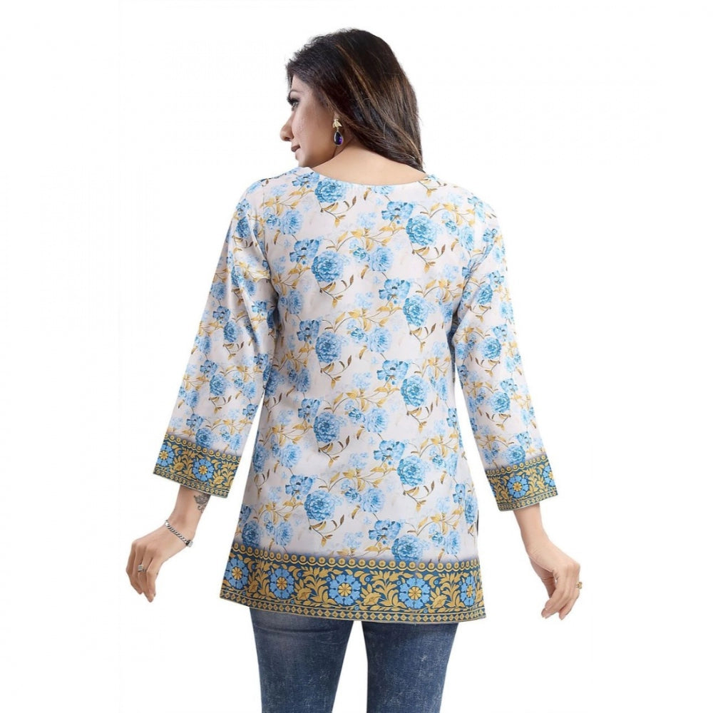 Quarter Sleeve Faux Crepe Printed Short Kurti Tunic Top (Color:White)