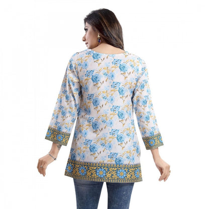 Quarter Sleeve Faux Crepe Printed Short Kurti Tunic Top (Color:White)