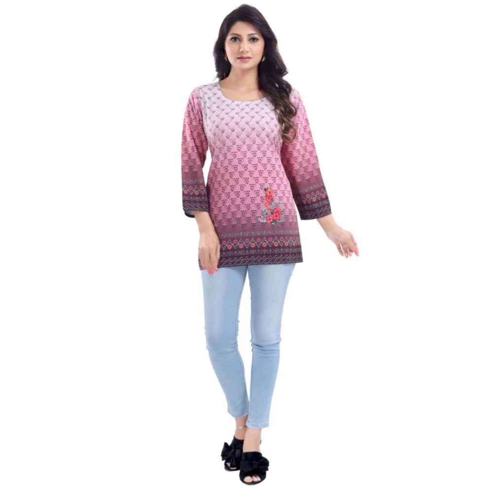 Quarter Sleeve Faux Crepe Printed Short Kurti Tunic Top (Color:Pink)