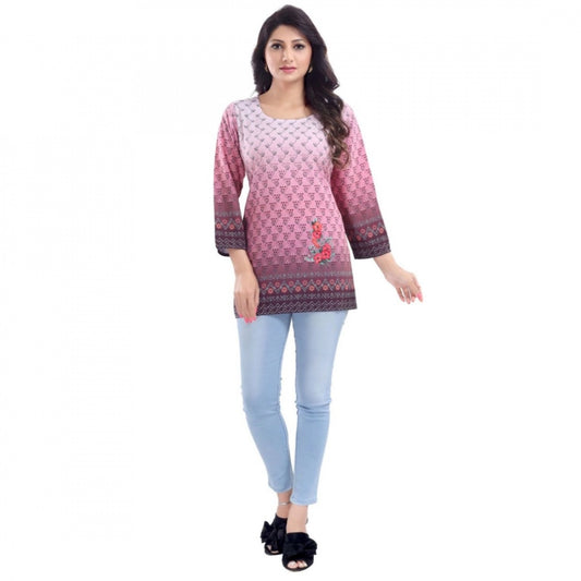 Quarter Sleeve Faux Crepe Printed Short Kurti Tunic Top (Color:Pink)