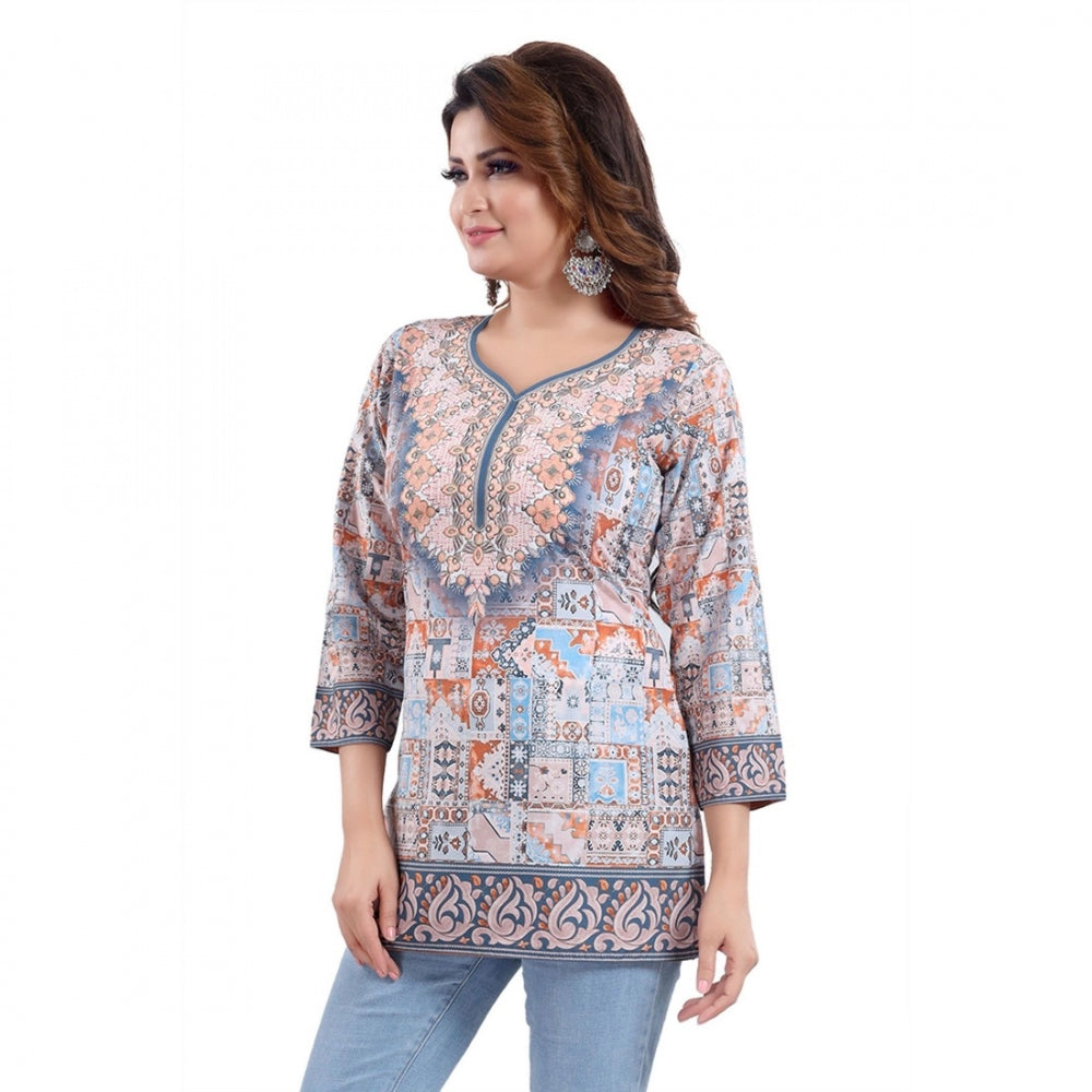 Quarter Sleeve Faux Crepe Printed Short Kurti Tunic Top (Color:Blue)