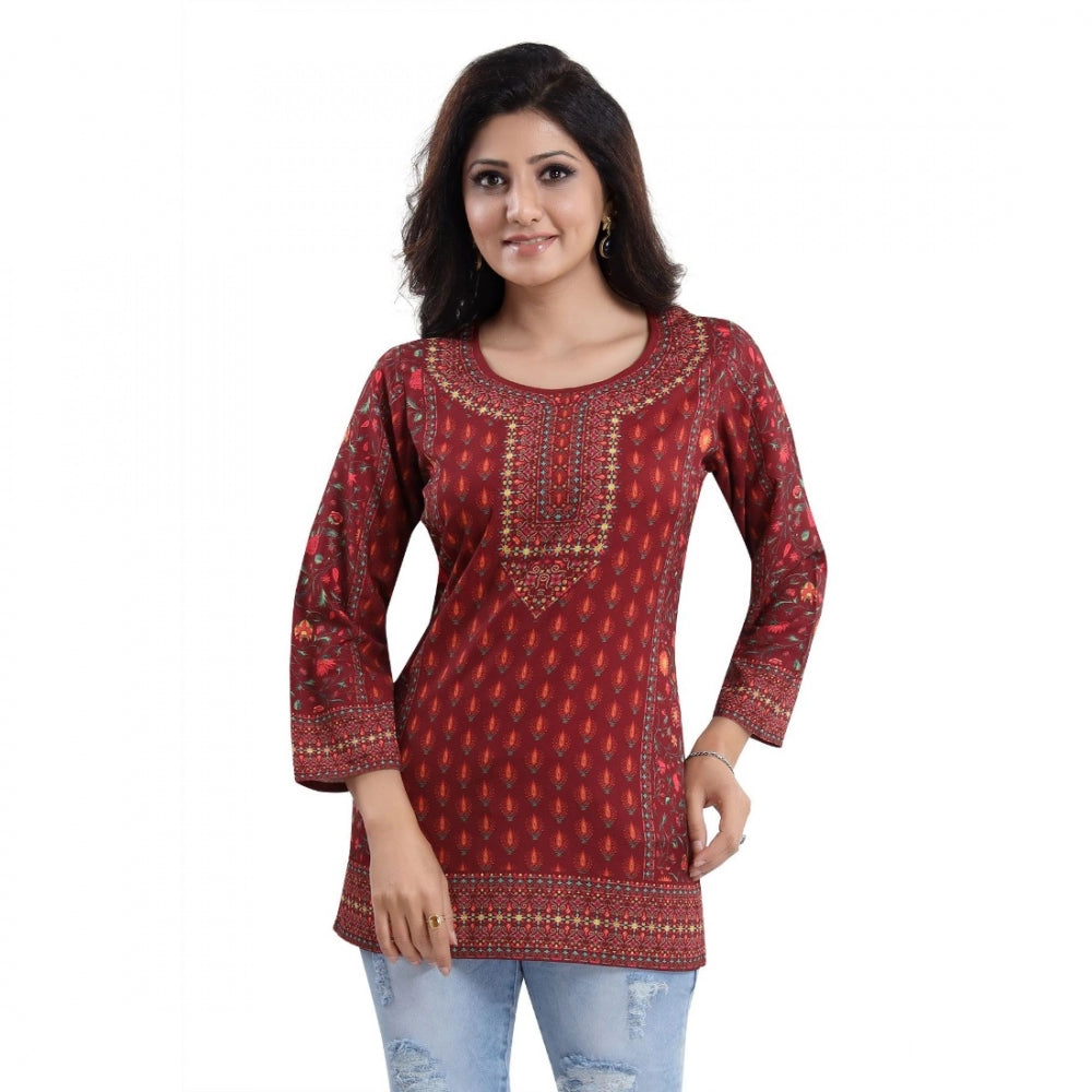 Quarter Sleeve Faux Crepe Printed Short Kurti Tunic Top (Color:Red)