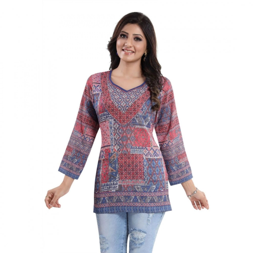 Quarter Sleeve Faux Crepe Printed Short Kurti Tunic Top (Color:Multicolor)