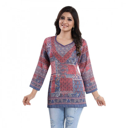 Quarter Sleeve Faux Crepe Printed Short Kurti Tunic Top (Color:Multicolor)