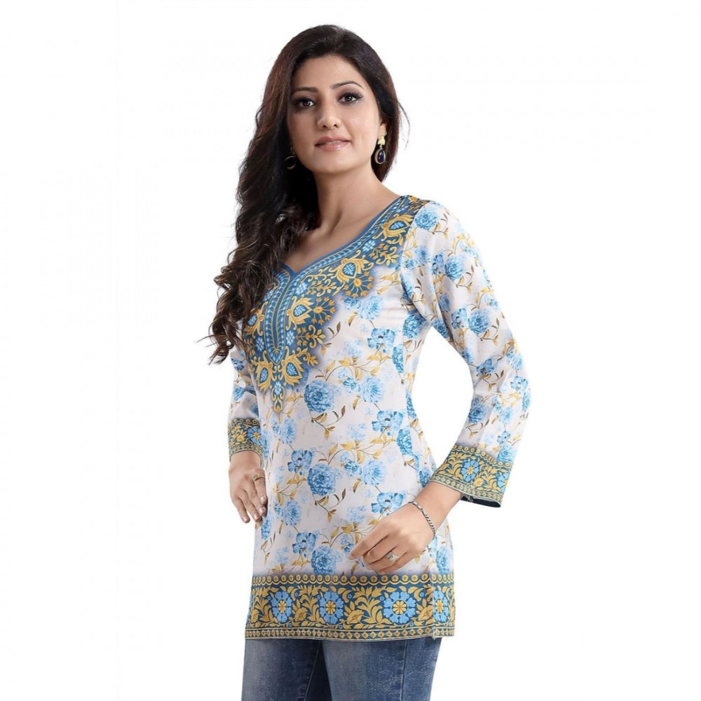 Quarter Sleeve Faux Crepe Printed Short Kurti Tunic Top (Color:White)