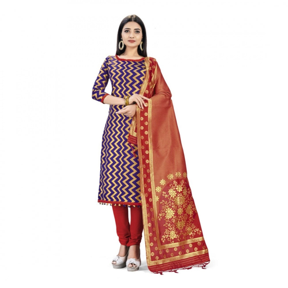 Navy Blue Banarasi Silk Unstitched Salwar Suit Material with Dupatta