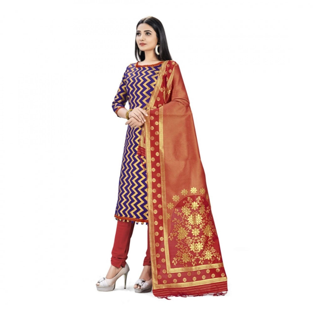 Navy Blue Banarasi Silk Unstitched Salwar Suit Material with Dupatta