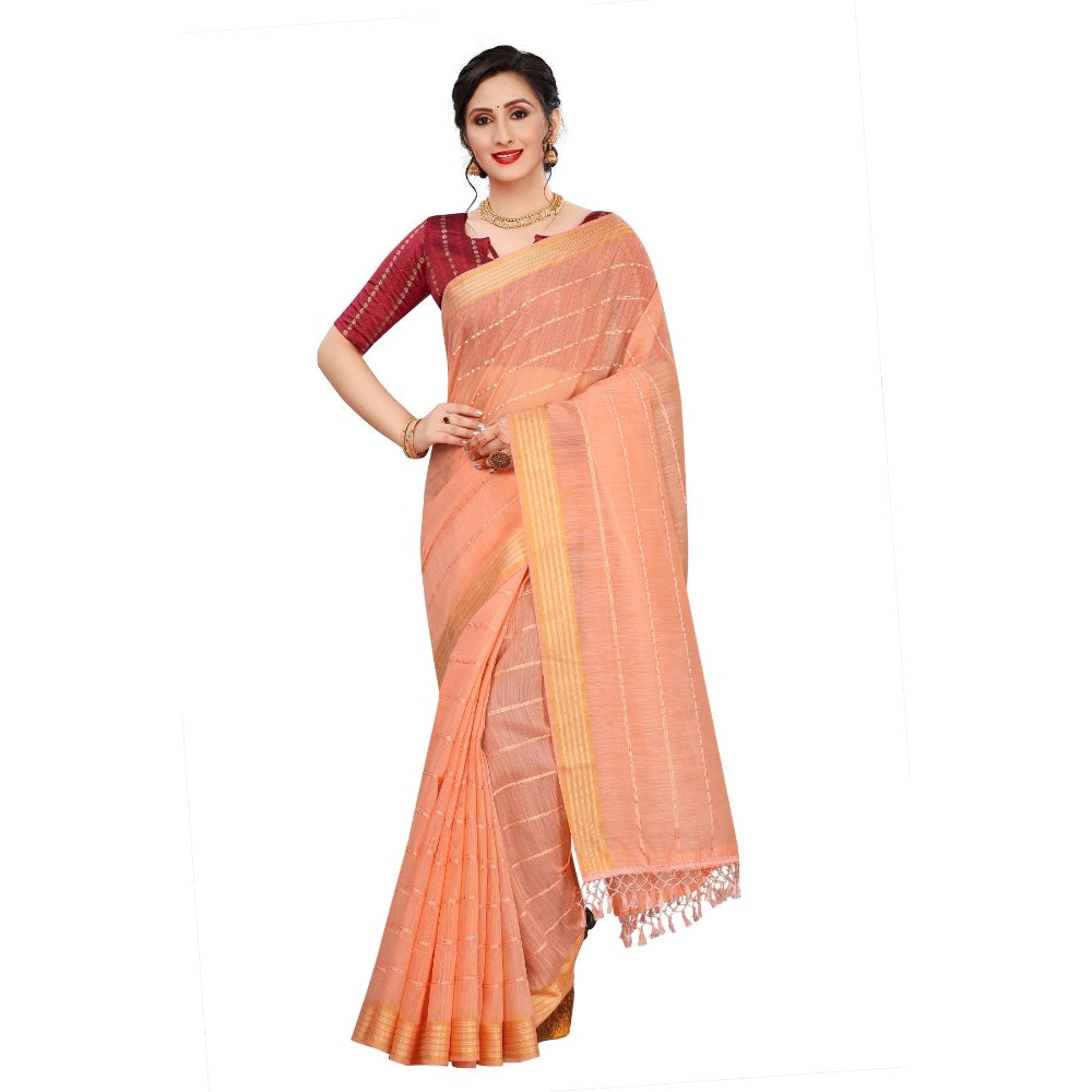 Cotton Saree With Blouse (Orange, 5-6Mtrs)