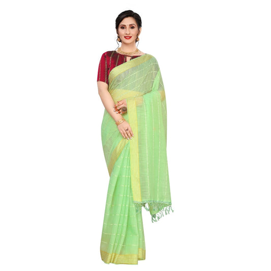 Cotton Saree With Blouse (Parrot Green, 5-6Mtrs)