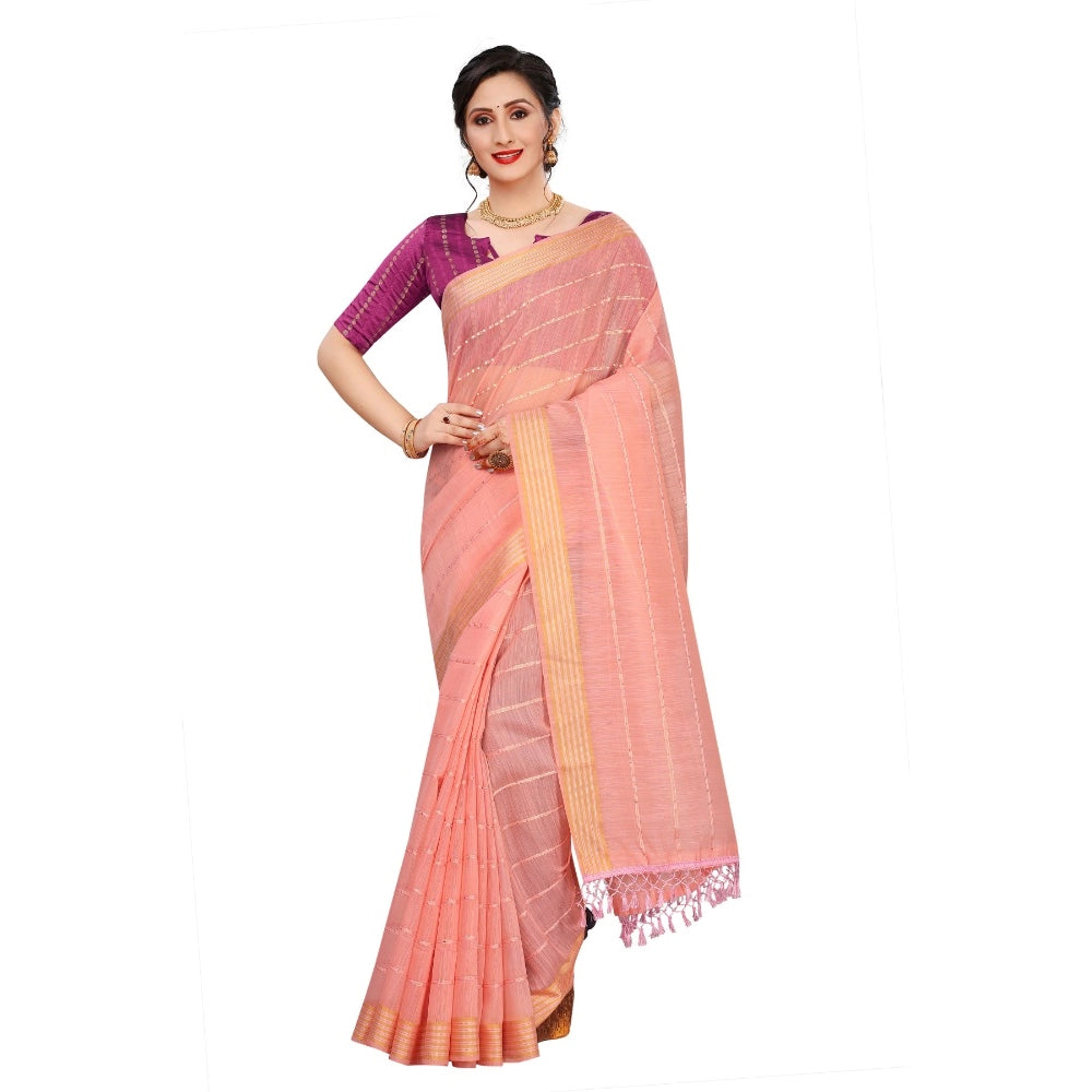 Cotton Saree With Blouse (Pink, 5-6Mtrs)