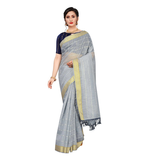 Cotton Saree With Blouse (Grey, 5-6Mtrs)