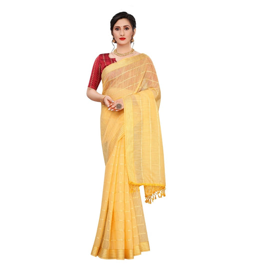 Cotton Saree With Blouse (Yellow, 5-6Mtrs)