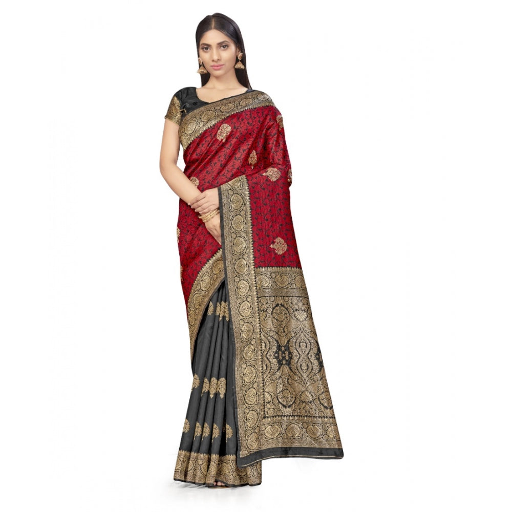 Banarasi Silk Saree With Blouse (Black, Red, 5-6Mtrs)