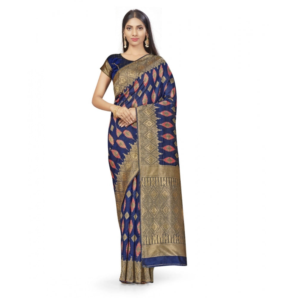 Banarasi Silk Saree With Blouse (Navy Blue, 5-6Mtrs)