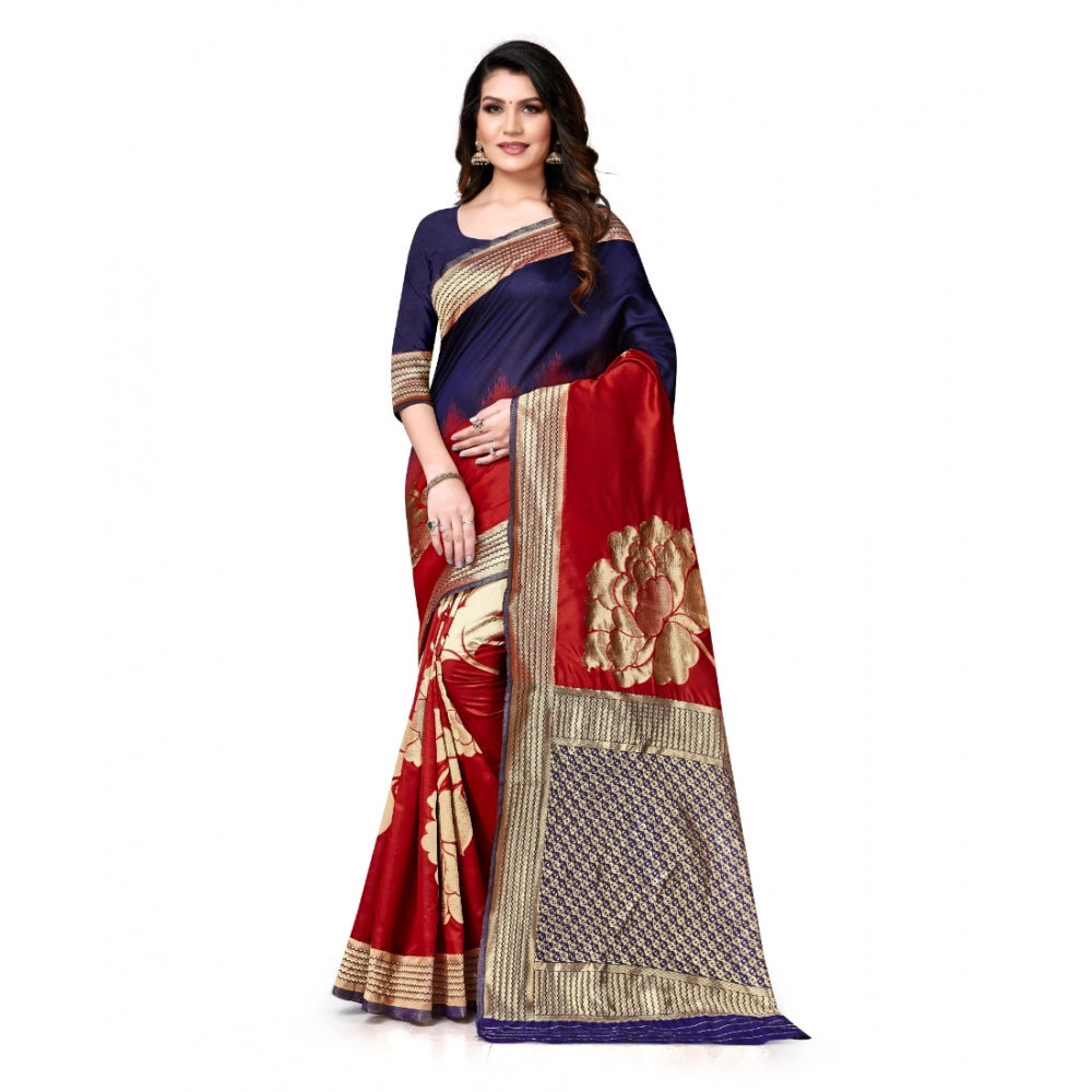 Banarasi Silk Saree With Blouse (Navy Blue, Red, 5-6Mtrs)