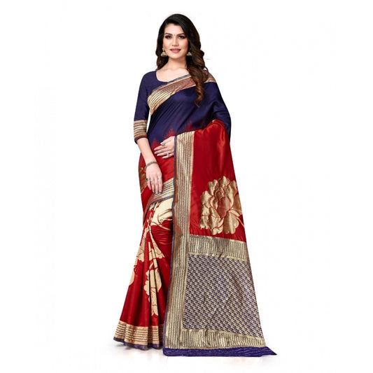 Banarasi Silk Saree With Blouse (Navy Blue, Red, 5-6Mtrs)