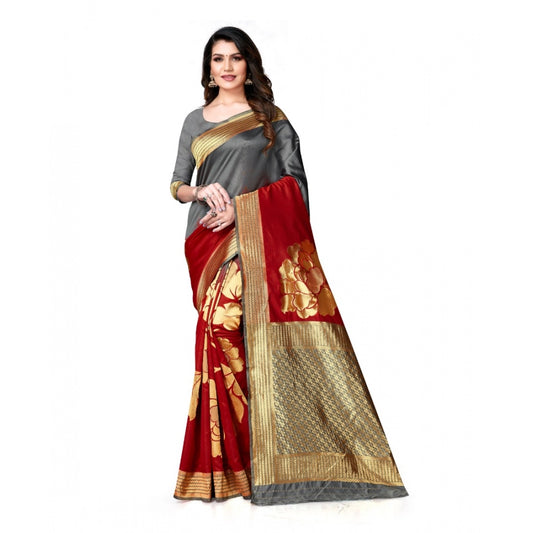 Banarasi Silk Saree With Blouse (Grey, Red, 5-6Mtrs)