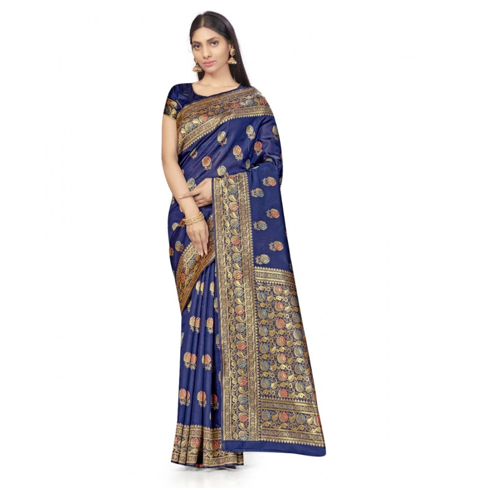 Banarasi Silk Saree With Blouse (Navy Blue, 5-6Mtrs)