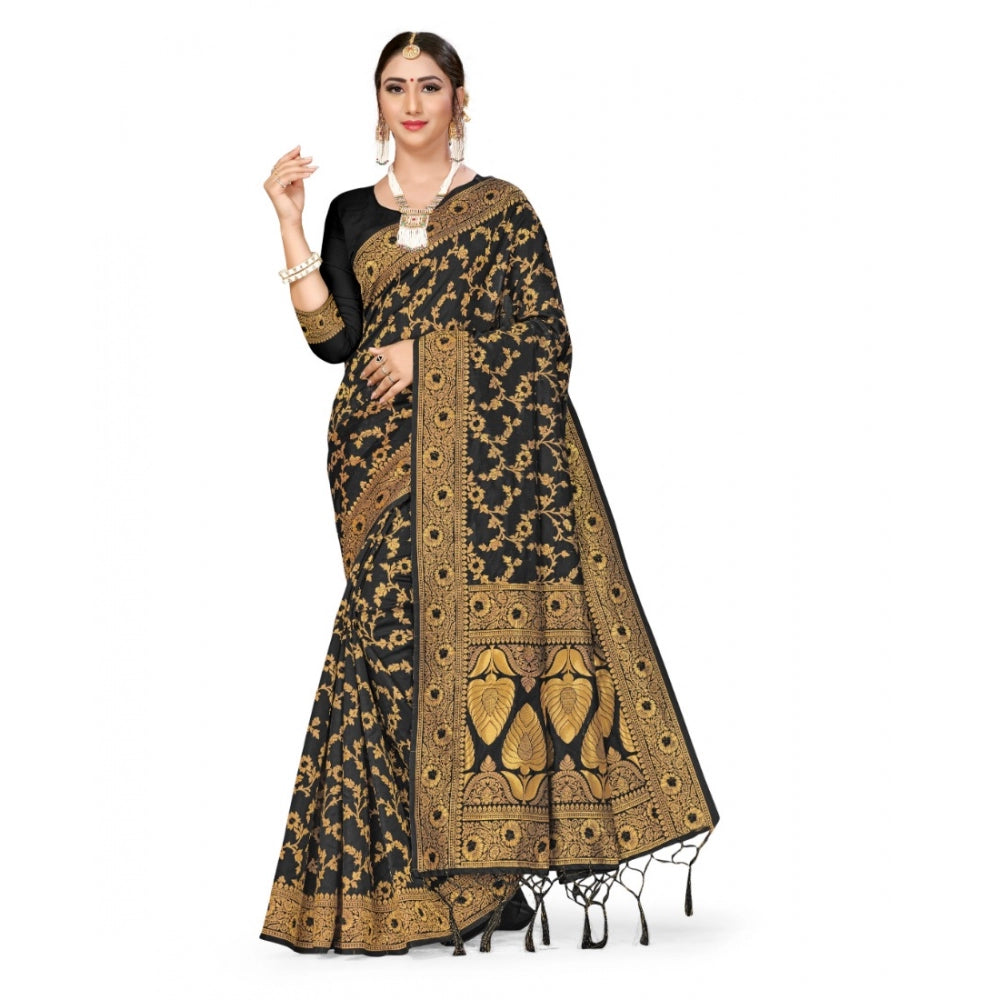 Banarasi Silk Saree With Blouse (Black, 5-6Mtrs)