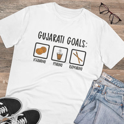 Generic Men's PC Cotton Gujarati Goals Printed T Shirt (Color: White, Thread Count: 180GSM)