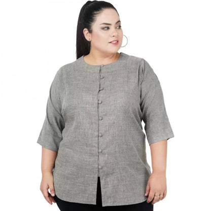 Casual Solid Grey Top (Color:Grey, Material:Cotton Linen Blend)