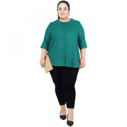 Casual Solid Green Top (Color:Green, Material:Cotton Linen Blend)