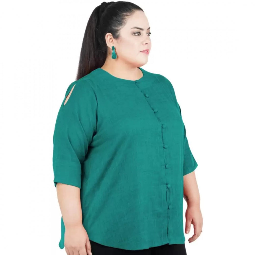 Casual Solid Green Top (Color:Green, Material:Cotton Linen Blend)