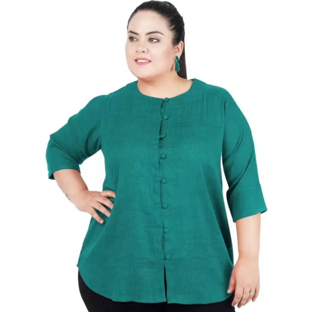 Casual Solid Green Top (Color:Green, Material:Cotton Linen Blend)