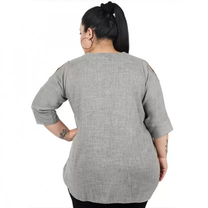 Casual Solid Grey Top (Color:Grey, Material:Cotton Linen Blend)